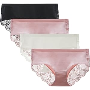 Women's 4 Pack Cotton Lace Coverage Seamless Brief Panty Underwear Medium Black/Pink/White