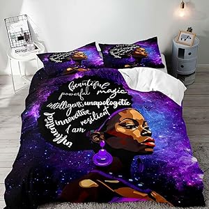 LUVIVIHOME 3PCS African American Black Girl Duvet Cover Queen Bedding, Purple Bedding, Teen Girls Bedding, Purple Galaxy Comforter Bedspread Quilt Cover, Inspirational Gifts for Women, 2 Pil