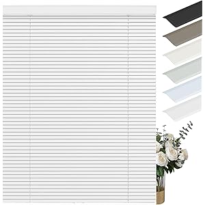 Cordless Aluminum Mini Blinds for Windows 1" Room Darkening Metal Horizontal Window Blinds Venetian Light Adjust Window Shades for Home Office Living Room Door White,109" W x 56" H White 109