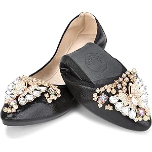 KUNWFNIX Women Ballet Flats Rhinestone Wedding Ballerina Shoes Foldable Sparkly Comfort Slip on Flat Shoes 8 #02-black