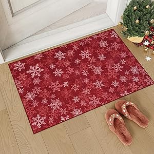 LIVEBOX Christmas Rugs Washable Entryway Rug, 2x3 Red Christmas Snowflake Indoor Door Mat, Non-Slip Small Kitchen Rug, Low Pile Front Door Mat Soft Area Rug for Bedroom Bathroom Holiday Deco