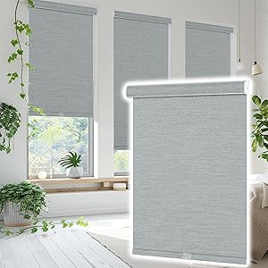 Blackout Roller Shades for Windows,Free-Stop Cordless Roller Blinds with Cassette Valance,Striped Jacquard Window Shades for Bedroom,Thermal Insulated Fabric,Blue Gray,67.5" W x 96" H Blacko