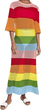 LANNEW Women&#39;s Crochet Cover Ups for Bikini Swimsuit Half Sleeve Bathing Suit Rainbow Swimwear Long Beach Dresses