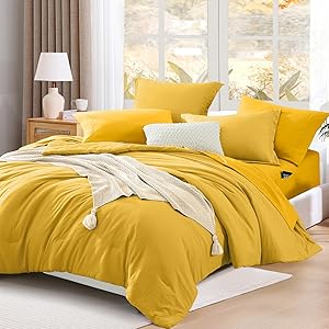 WRENSONGE Mustard Yellow Queen Comforter Set, 7 Pieces Soft Microfiber Comforters Queen Size with Fitted Sheet, Flat Sheet, 2 Shams, and 2 Pillowcases- Warm Bedding Sets Queen for All Season