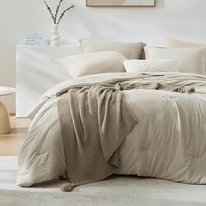 WRENSONGE Light Oatmeal Twin XL Comforter Set, 5 Pcs Soft Twin Size Comforter Sets- Twin Comforter, Fitted Sheet, Flat Sheet, 2 Pillow Shams, 2 Pillowcases, Warm Twin Bedding Sets All Season