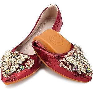 KUNWFNIX Women Ballet Flats Rhinestone Wedding Ballerina Shoes Foldable Sparkly Comfort Slip on Flat Shoes 6 #03_red