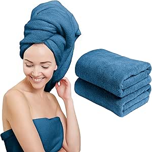 Scala (2 Pack Extra Large Microfiber Hair Towel 24&#34; x 48&#34; Anti Frizz for Long Hair, Multipurpose Bath Towel for Pool, Gym, Yoga, Camping - Quick Drying, Ultra Absorbent - Blue