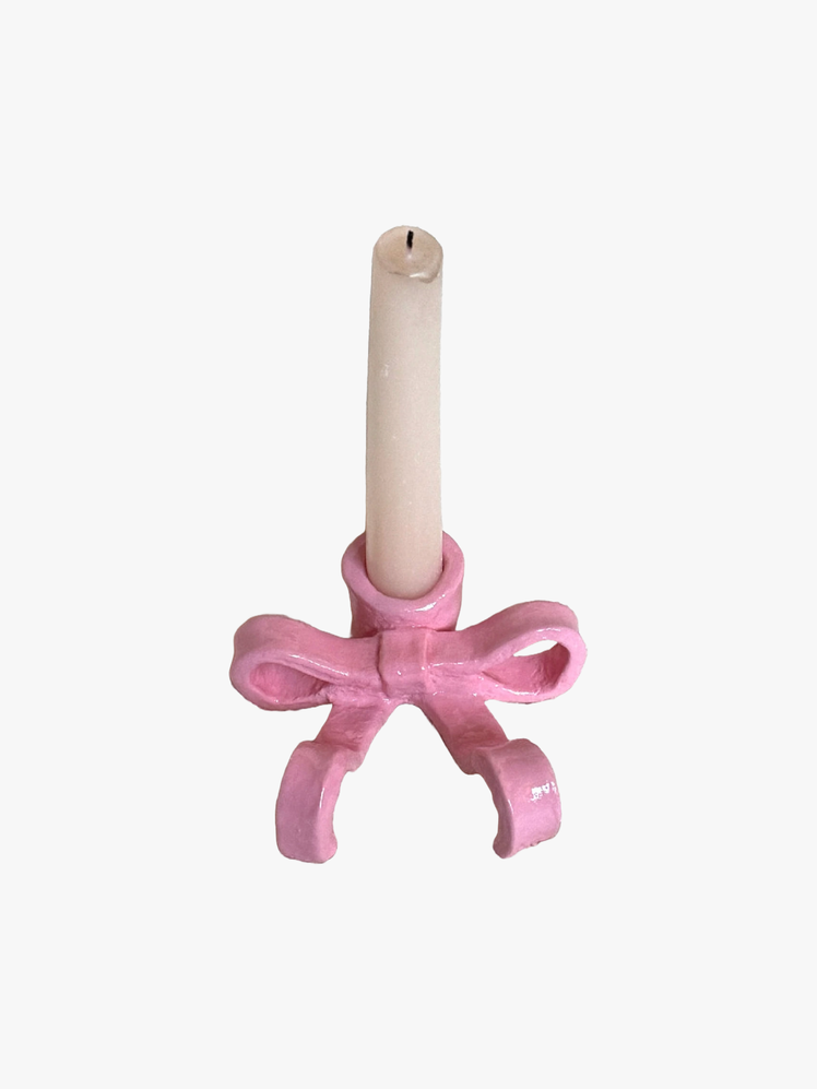 Handmade Pink Bow Candle Holder made with clay.