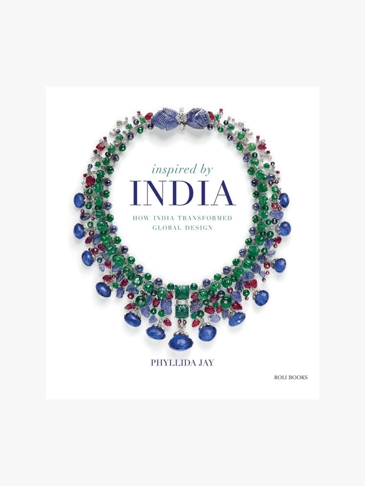 Book cover of Inspired By India by Phyllida Jay featuring a choker necklace made from green and blue beads.