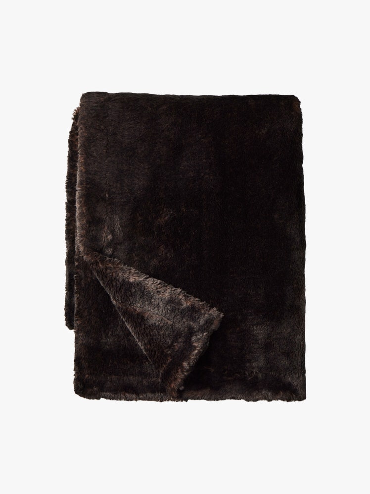 Folded up dark brown faux fur oversized throw blanket.