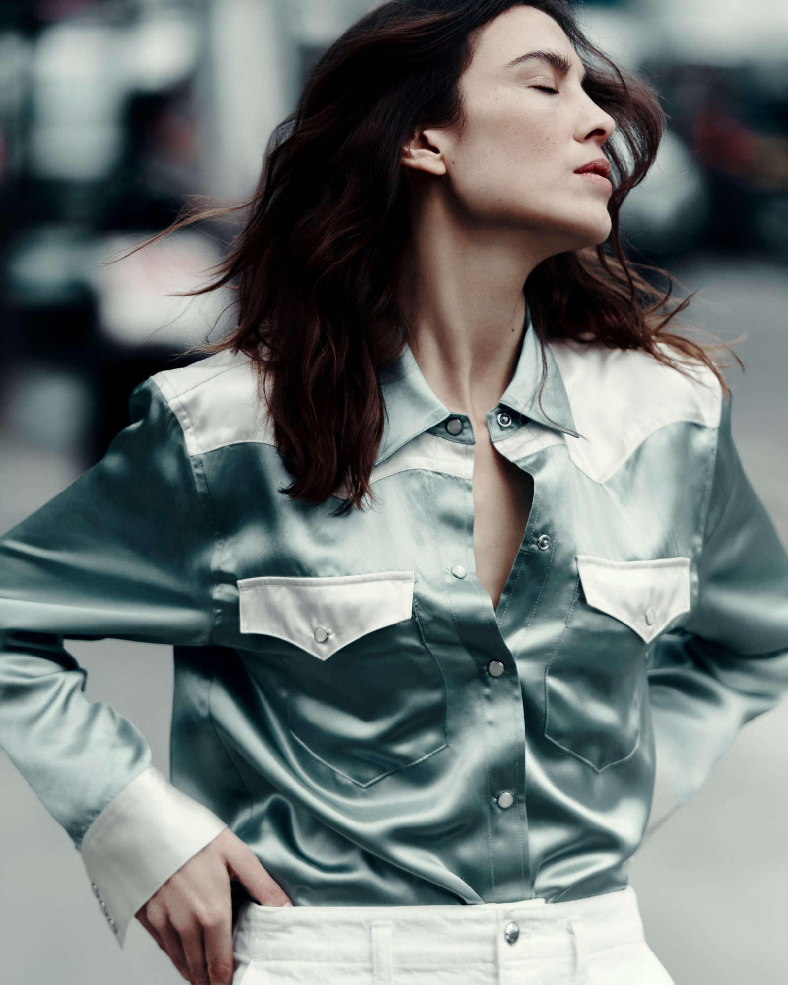 Image may contain Alexa Chung Blouse Clothing Adult Person Shirt Sleeve Face and Head