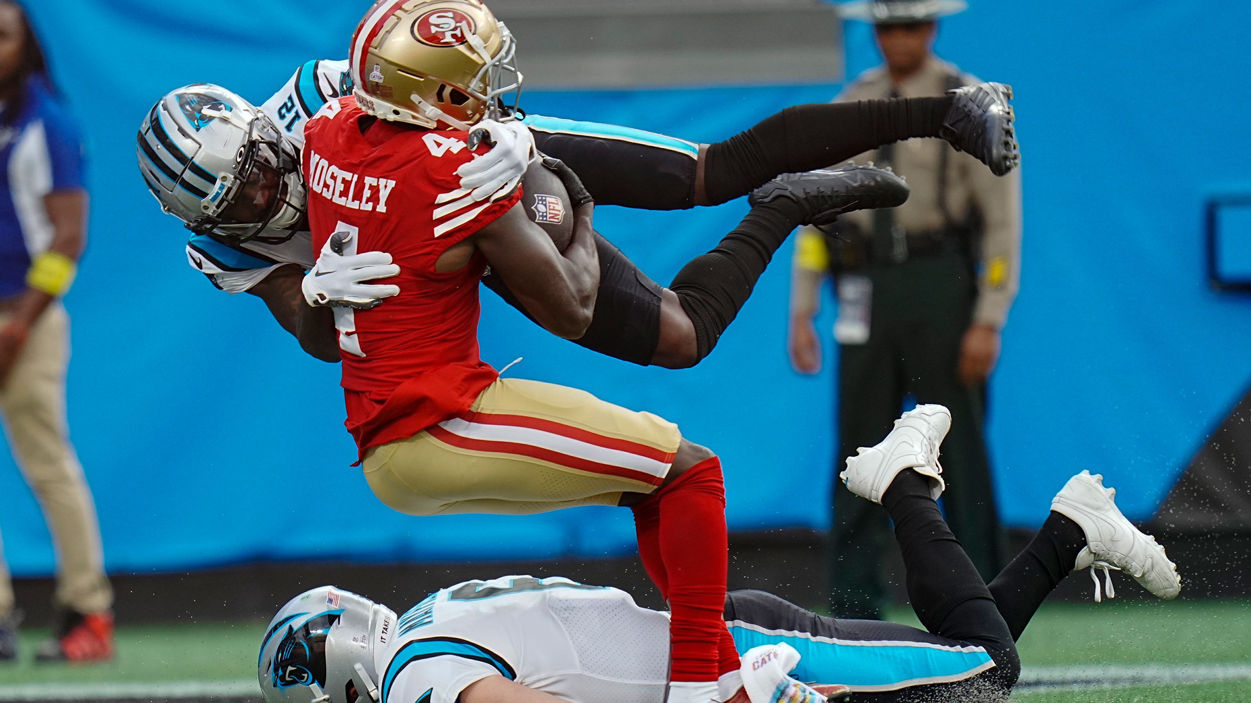 San Francisco 49ers cornerback Emmanuel Moseley scores a touchdown after having intercepted Carolina Panthers quarterback Baker Mayfield. The 49ers emphatically beat the Panthers 37-15. 