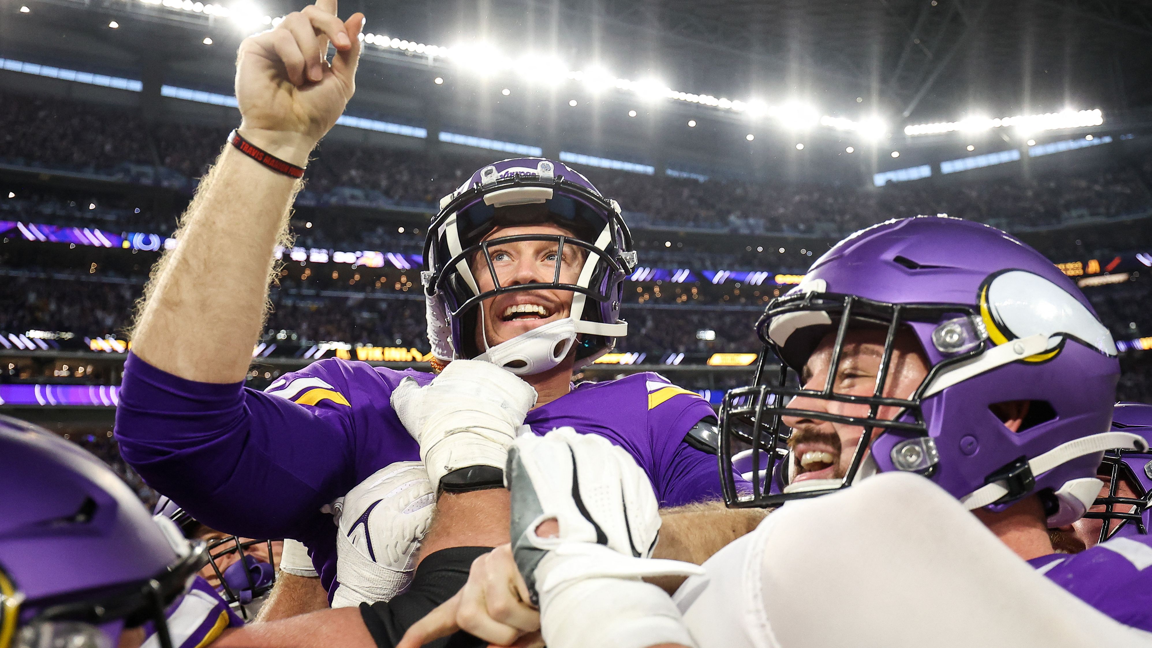 Minnesota Vikings place kicker Greg Joseph celebrates his game-winning field goal against the Indianapolis Colts. The Vikings rallied from a 33-point deficit at halftime to defeat the Colts 39-36, completing the largest comeback in NFL history.