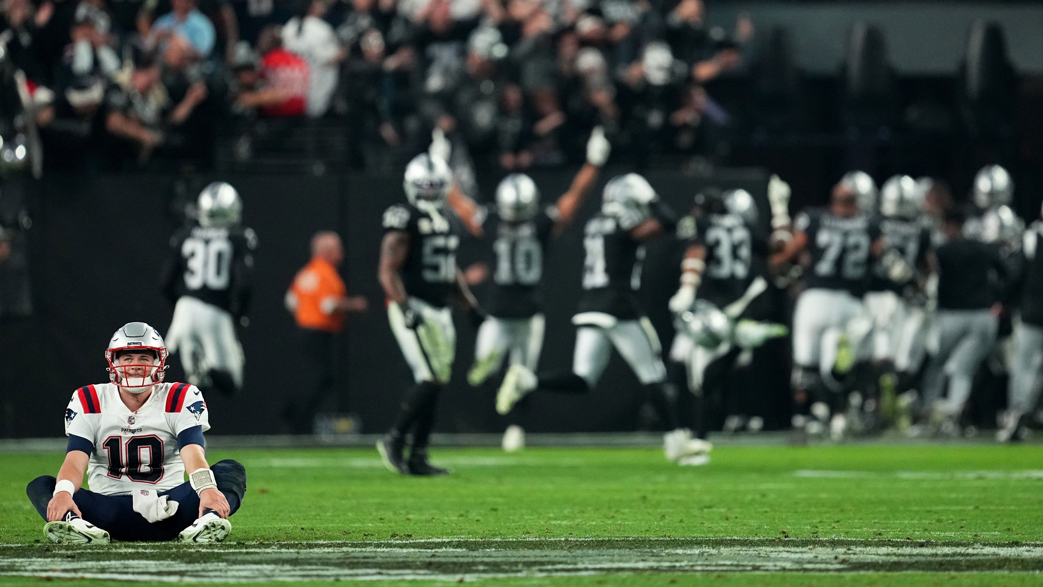 Mac Jones of the New England Patriots reacts after losing to the Las Vegas Raiders 30-24. A crazy ending to the game between the teams ended with the Patriots suffering a damaging defeat in their hopes to reach the playoffs. 