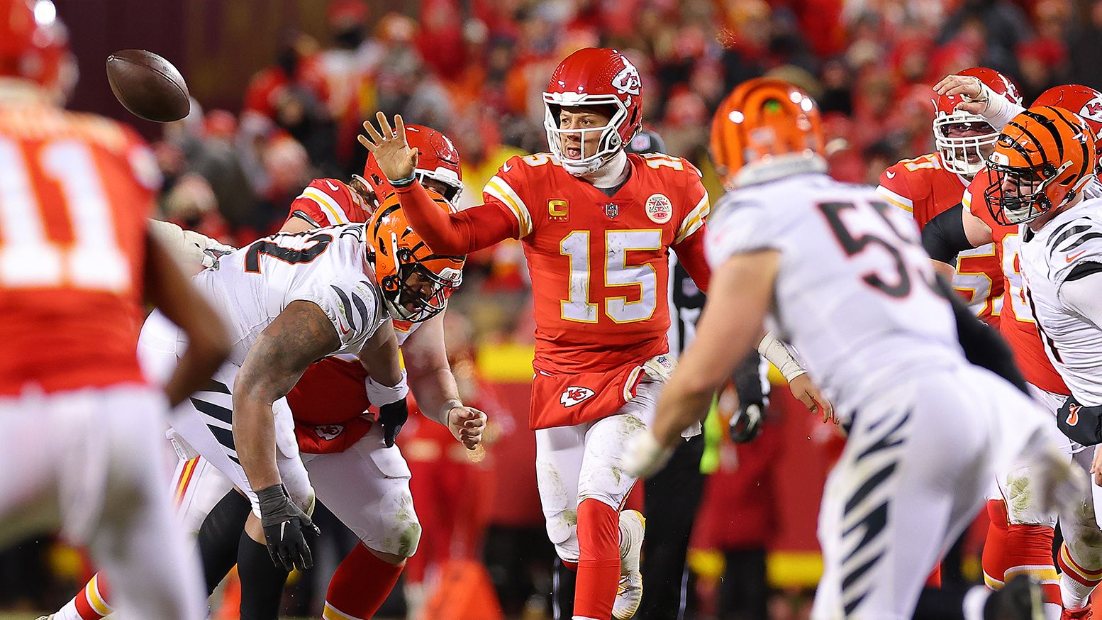 Mahomes throws a pass in the fourth quarter of the AFC Championship against the Cincinnati Bengals. He led his team to a 23-20 victory.