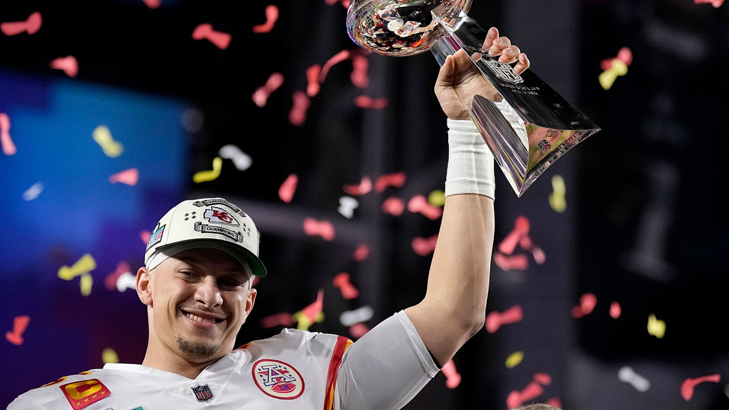 Kansas City Chiefs quarterback Patrick Mahomes holds the Vince Lombardi Trophy after the Chiefs won Super Bowl LVII. The Chiefs defeated the Philadelphia Eagles 38-35.