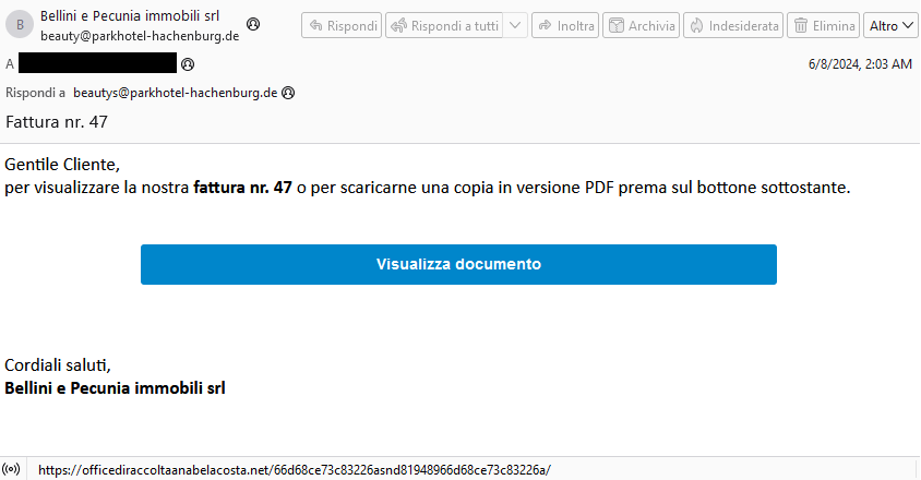 A prima vista, l'e-mail sembra legittima tranne per il fatto che è inviata da un indirizzo e-mail tedesco, anche se scritta in italiano.[/