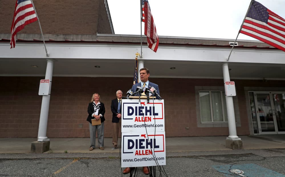 Massachusetts gubernatorial candidate Geoff Diehl gives a campaign speech outside of the Boston Lodge of Elks on Sept. 7. (David L. Ryan/The Boston Globe via Getty Images)