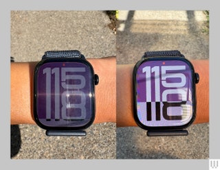 Two views of a smartwatch on someone's wrist showing the difference of the screen in direct and indirect sunlight