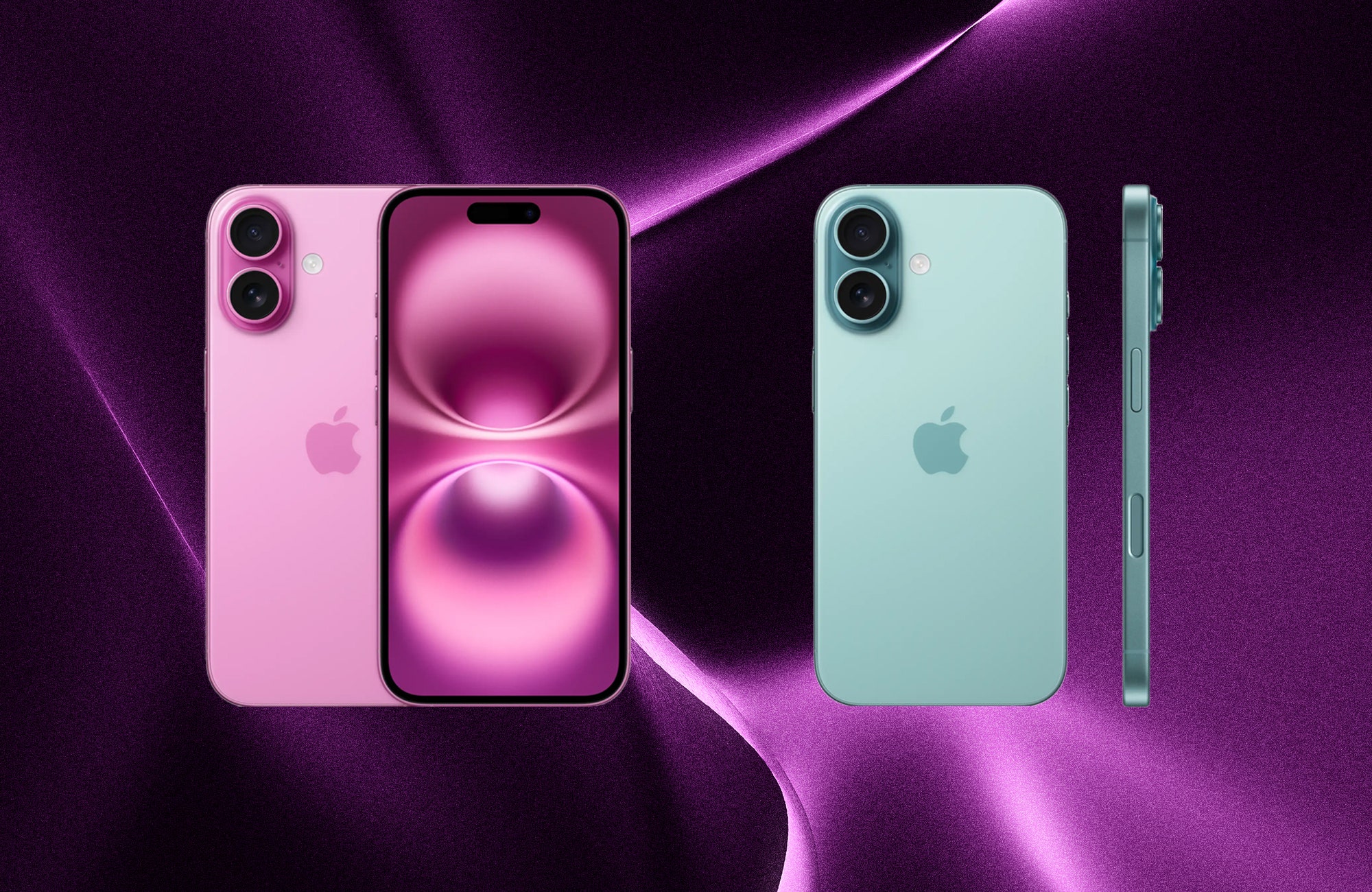 Back front and side view of 2 models of the same smartphone in both pink and teal. Decorative background purple abstract...