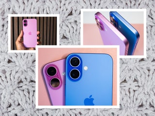 Left to right Hand holding a pink mobile phone to show the camera closeup of the cameras of 2 stacked mobile phones in...