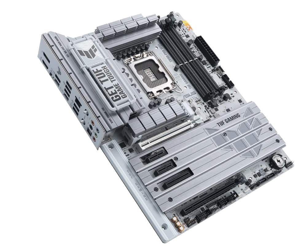 TUF Gaming motherboard front view, 45 degrees