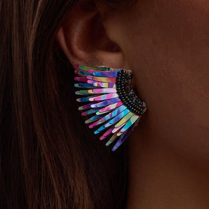 Black Rainbow Wing Stud Earrings Styled on Model's Ear