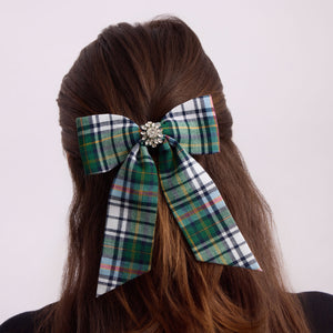 Green Plaid Hair Bow with Crystals Styled in Model's Hair