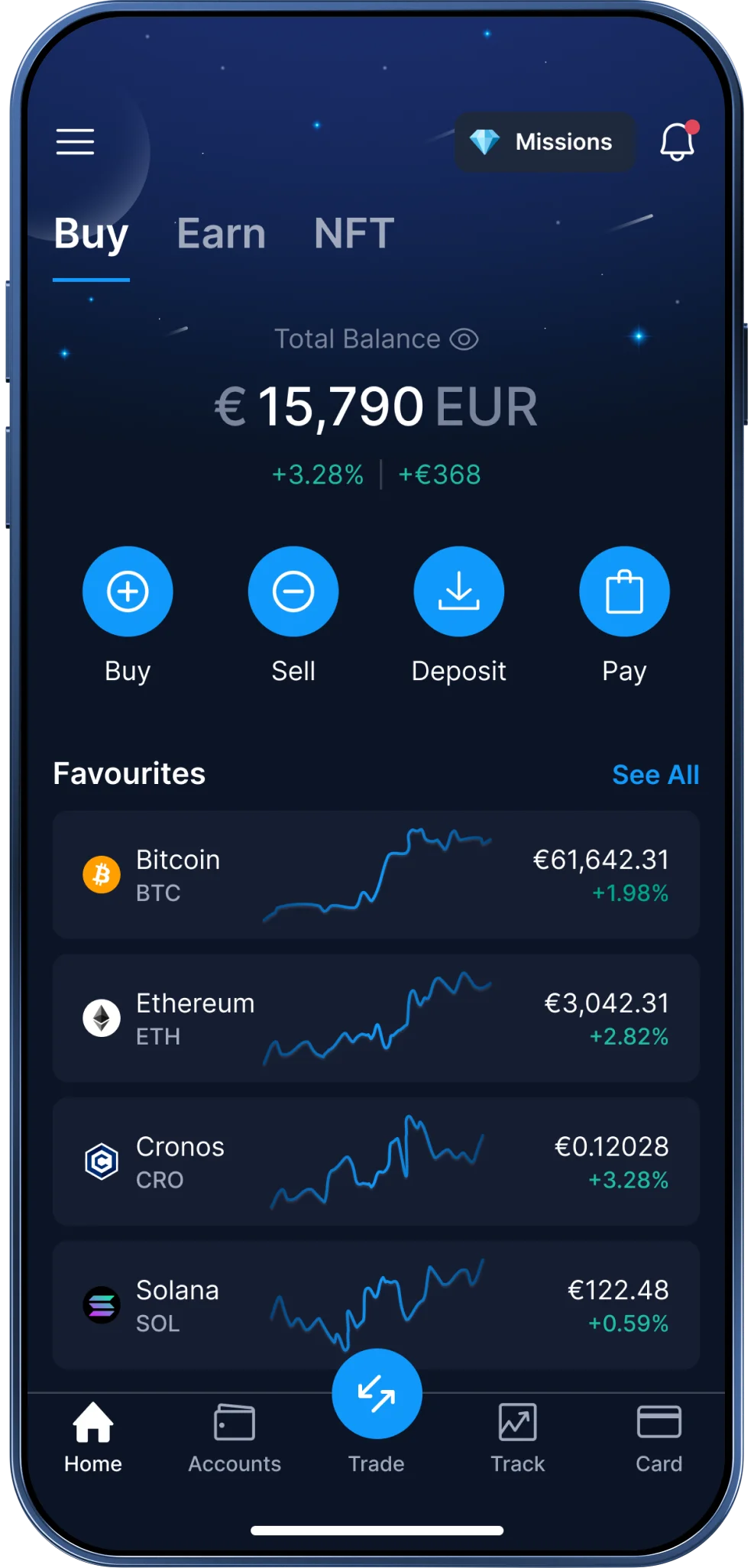 The Crypto.com App with various coin values on the wallet page