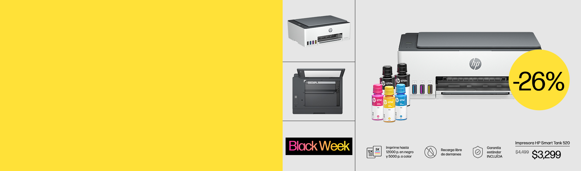 Black Week. Imagen de una Impresora HP Smart Tank 520 en 3 v...