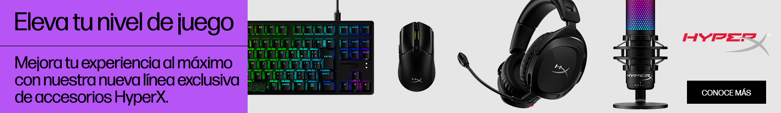 Eleva tu nivel de juego. Mejora tu experiencia al máximo con nuestra nueva línea de accesorios HyperX. Haz clic para conocer más. Fotografías de producto de un teclado, headset, mouse y micrófono HyperX. Logo HyperX.