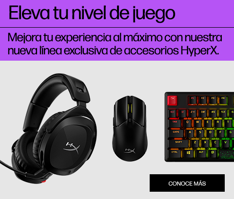 Eleva tu nivel de juego. Mejora tu experiencia al máximo con nuestra nueva línea de accesorios HyperX. Haz clic para conocer más. Fotografías de producto de un teclado, headset, mouse y micrófono HyperX. Logo HyperX.