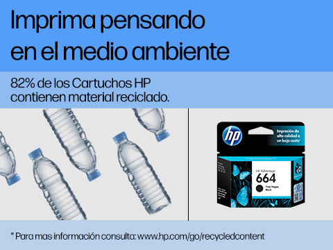 Imprima pensando en el medio ambiente. 82% de los Cartuchos HP contienen material reciclado. *Para mas información consulta: www.hp.com/go/recycledcontent  Imágen de botellas de plastico y empaque de cartuchos HP.