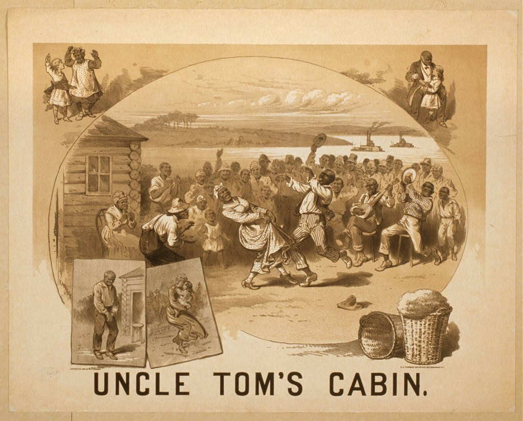 An historical, sepia-toned image showing a crowd of Black people under an archway that reads "Uncle Tom's Cabin."