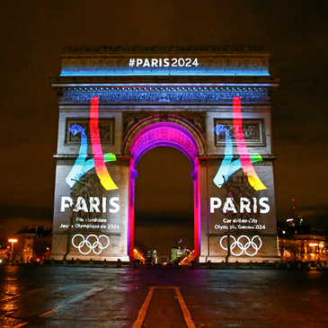 The Eiffel Tower-shaped bid logo for the Paris 2024 is unveiled on The Arc of Triomphe on the Champs Elysees in Paris, France, Tuesday, Feb. 9, 2016. Leaders of the Paris bid for the 2024 Olympics boosted their public campaign on Tuesday as they secured about 8 million euros ($8.9 million) in sponsorship deals with four major French groups. (AP Photo/Francois Mori)