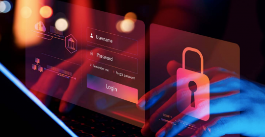 3D rendering of keyboard with login interface: username and password input fields, accompanied by a prominent lock symbol. Image represents the cybersecurity PR event by Microsoft Hellas and EY discussing the legal and regulatory landscape of cyber defense.