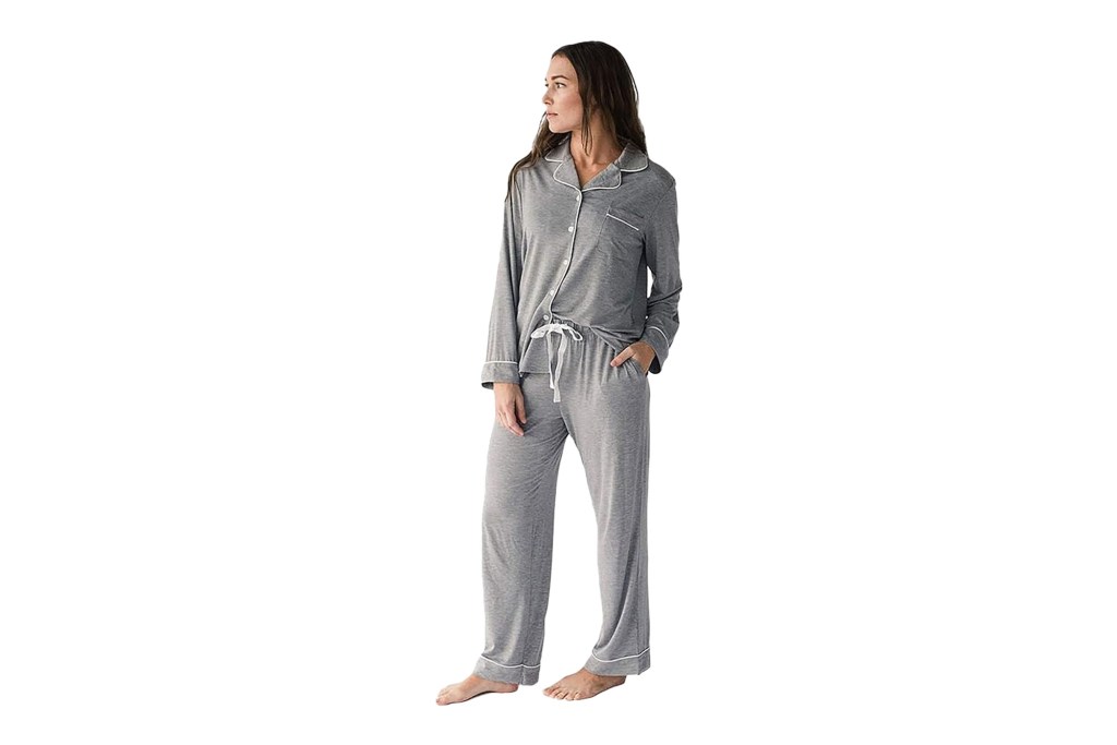 women wearing gray cozy earth pajama set