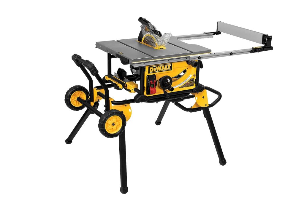 Best DeWalt Deals" - A table saw with wheels.