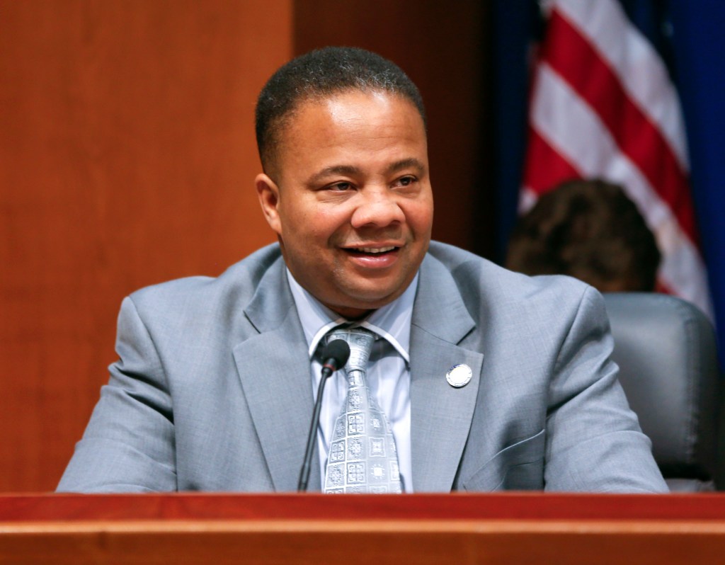 This April 23, 2015 file photo shows New York state Sen. Jesse Hamilton, D-Brooklyn, during a Senate hearing in Albany, N.Y. 