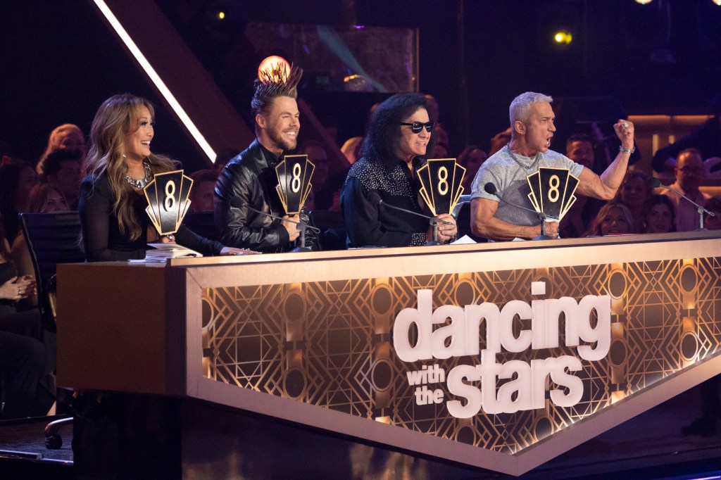 Carrie Ann Inaba, Derek Hough, Bruno Tonioli and guest judge Gene Simmons.