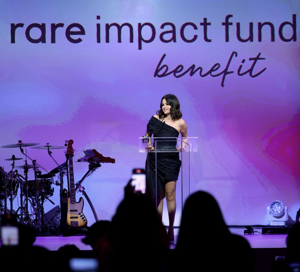 Selena Gomez, Founder & Creator, Rare Impact Fund, speaks onstage during the Second Annual Rare Impact Fund Benefit Supporting Youth Mental Health, hosted by Selena Gomez, at Nya Studios on October 24, 2024 in Los Angeles, California.