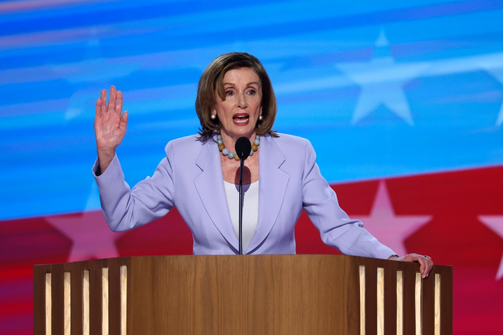 Pelsoi speaks on stage during the third day of the Democratic National Convention at the United Center in Chicago on Aug. 21, 2024.