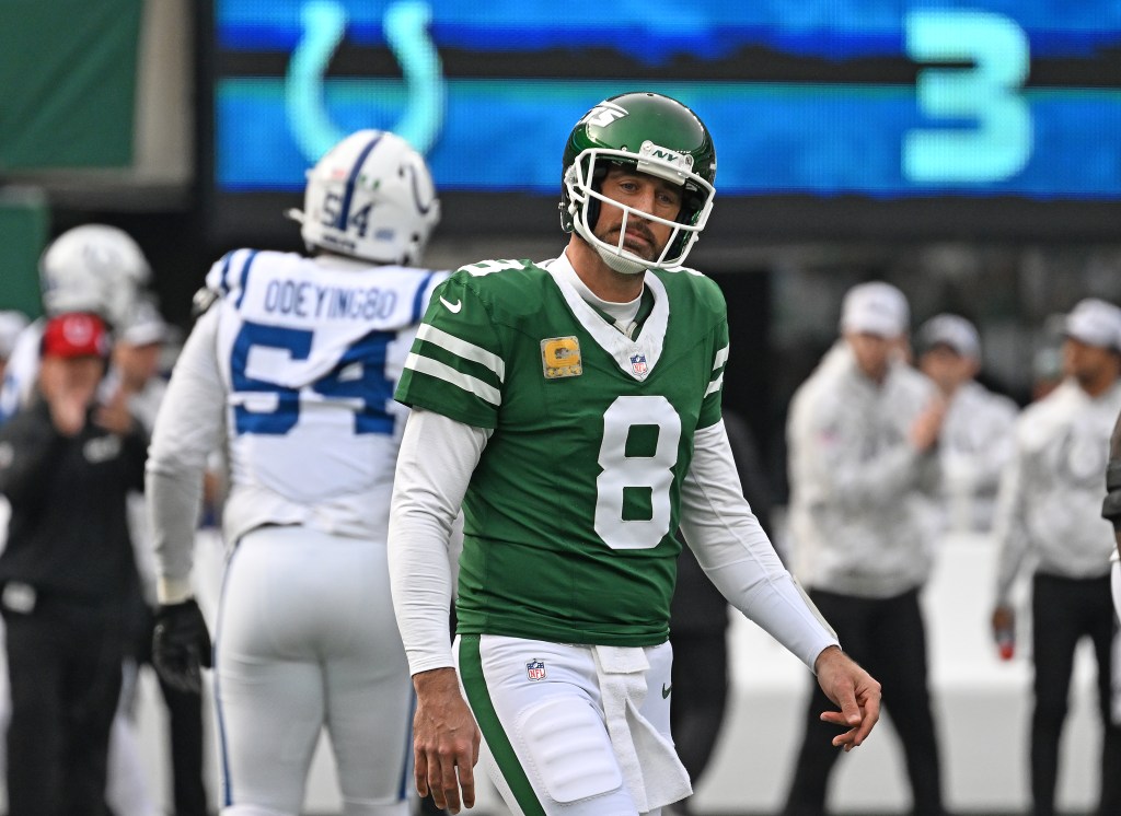 Jets quarterback Aaron Rodgers reacts during the team's game against the Colts on Nov. 17, 2024.