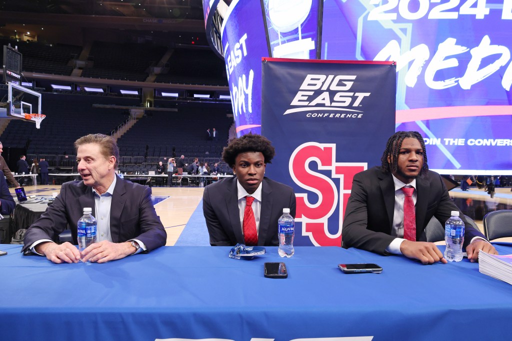 From left to right: Rick Pitino, Kadary Richmond and Zuby Ejiofor speak at Big East media day on Oct. 23, 2024. 