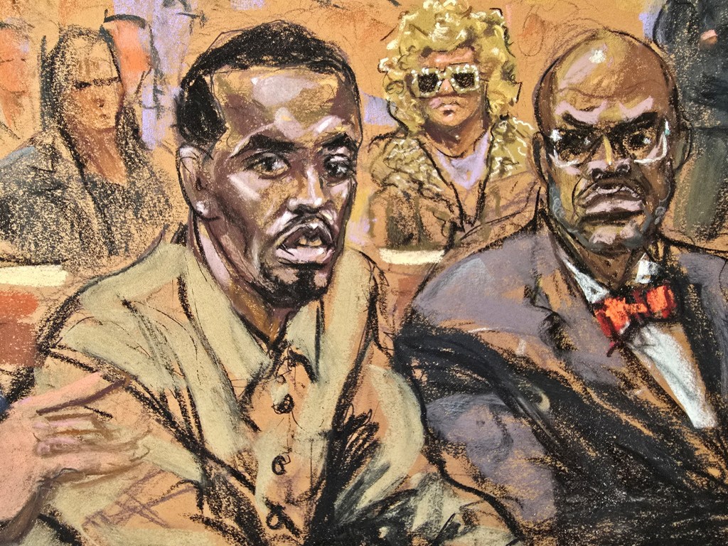 Sean 'Diddy' Combs', accompanied by attorney Anthony Ricco, and with his mom seated in the back, attends a hearing in federal court in the Manhattan borough of New York City, U.S., October 10, 2024 in this courtroom sketch. 