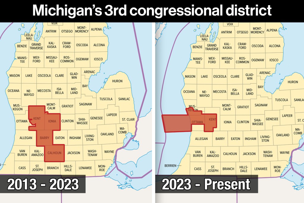 Map illustrating changes to Michigan's 3rd district before and after congressional district maps adjustment