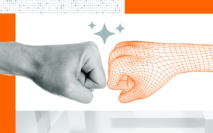 Human hand and digital hand fist-bumping for AI