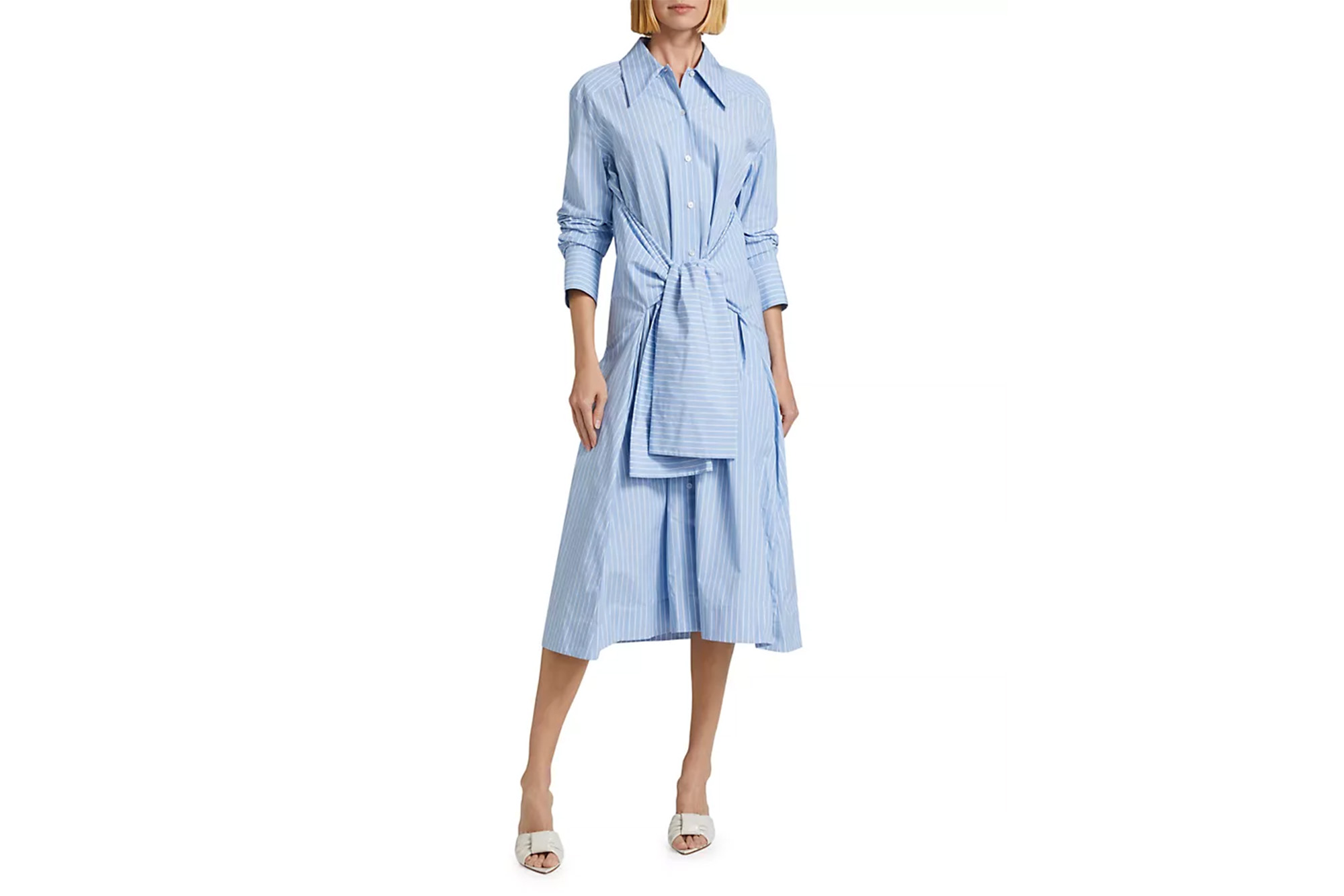 A model in a blue striped shirtdress