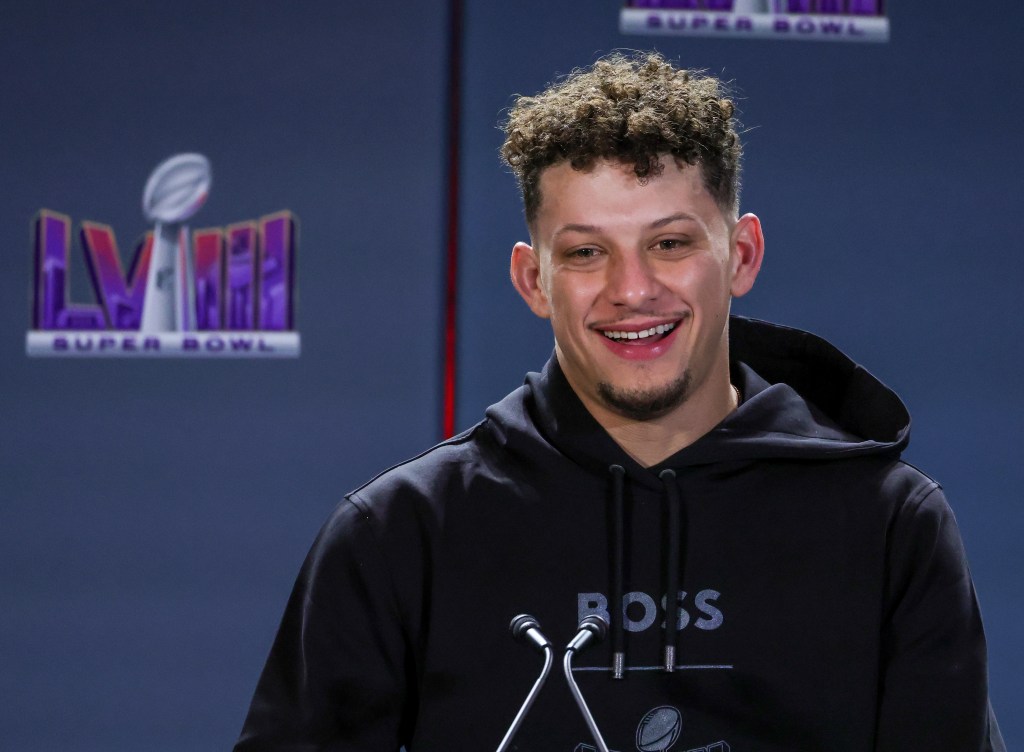 Patrick Mahomes at a press conference in February 2024. 