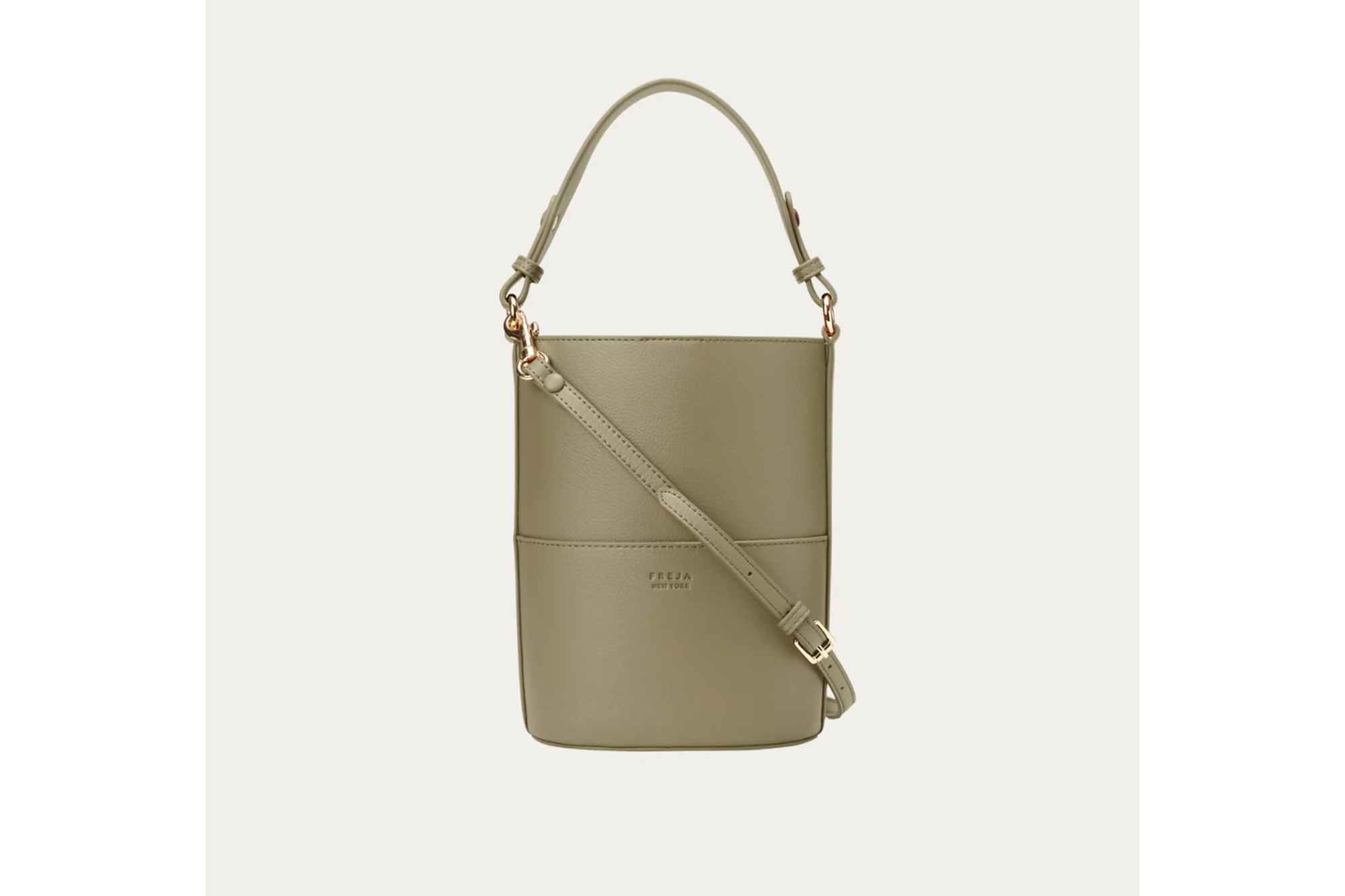 A pistachio-colored bucket bag